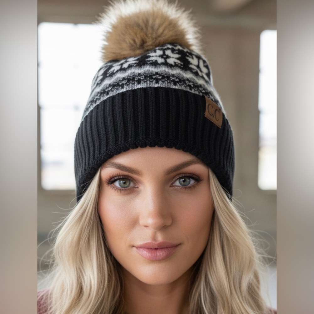 NWT CC C.C. Nordic Fair Isle Aztec Tribal Print Pom Pom Beanie Hat Black - Picture 3 of 4